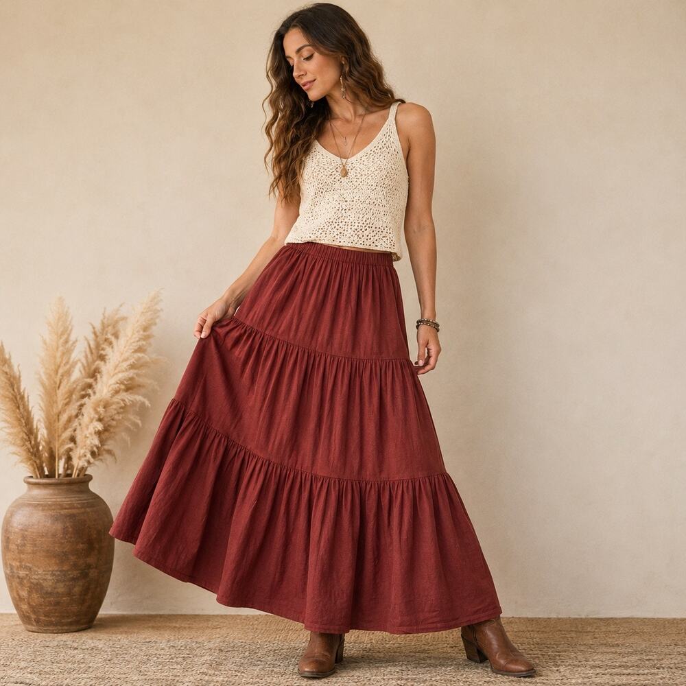 Billings Rust Tiered Cotton Vintage Made in USA Maxi Skirt Sz OS